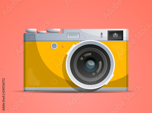 Bright compact photocamera on the pink background