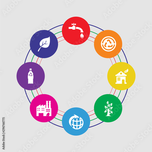 8 colorful round icons set included leaf, recycled bottle, eco factory, energy globe, tree, eco house, recycle arrows, water tap