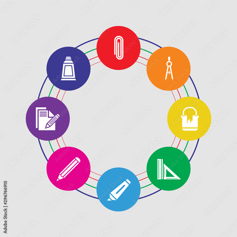 8 colorful round icons set included paint tube, paper and pencil, pencil, marker, ruler, paint can, compass, paper clip 8 colorful round icons set included paint tube, paper and pencil, pencil, marker, ruler, paint can, compass, paper clip