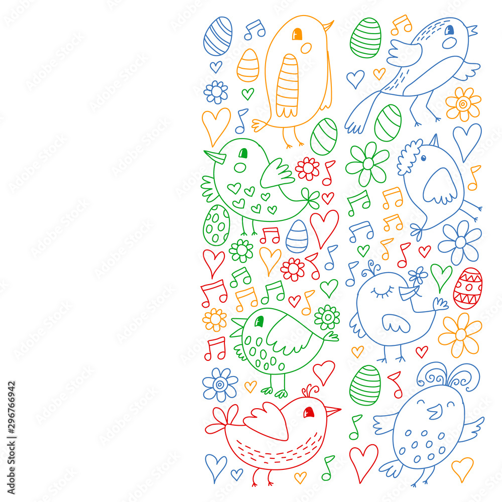 Pattern kids fabric, textile, nursery wallpaper. Vector illustration. Hand drawn singing birds and flowers for little children.