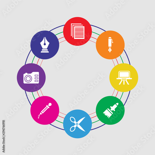 8 colorful round icons set included pen tool, photo camera, eyedropper, scissors, paint brush, art board, pen, paper