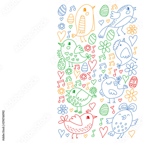 Pattern kids fabric, textile, nursery wallpaper. Vector illustration. Hand drawn singing birds and flowers for little children.