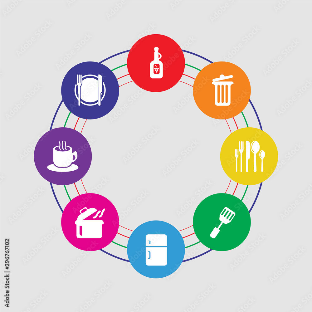 8 colorful round icons set included dinner, tea cup, pot, fridge, spatula, cutlery, garbage, wine bottle 8 colorful round icons set included dinner, tea cup, pot, fridge, spatula, cutlery, garbage, wine bottle