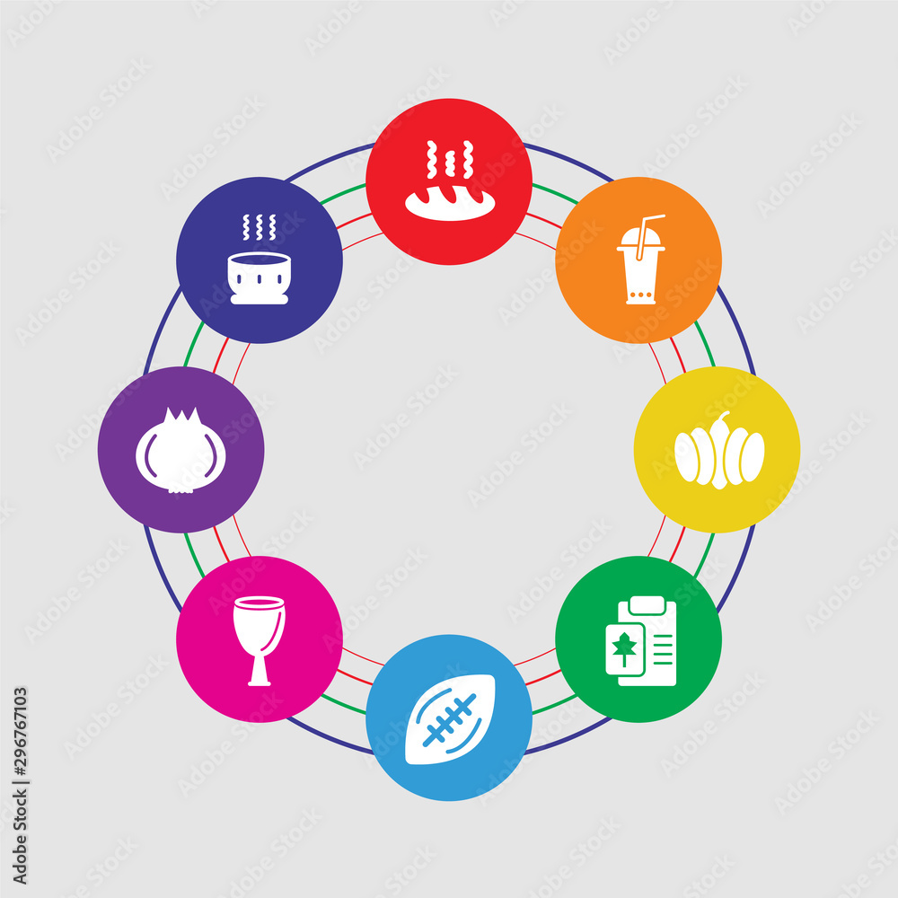 8 colorful round icons set included soup, onion, wine, american football, letter, pumpkin, soda, bread 8 colorful round icons set included soup, onion, wine, american football, letter, pumpkin, soda, bread