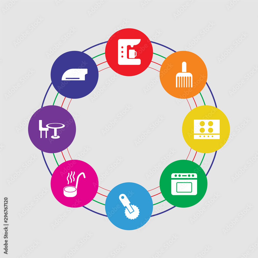 8 colorful round icons set included cleaver, table, ladle, pizza cutter, oven, stove, brush, coffee maker