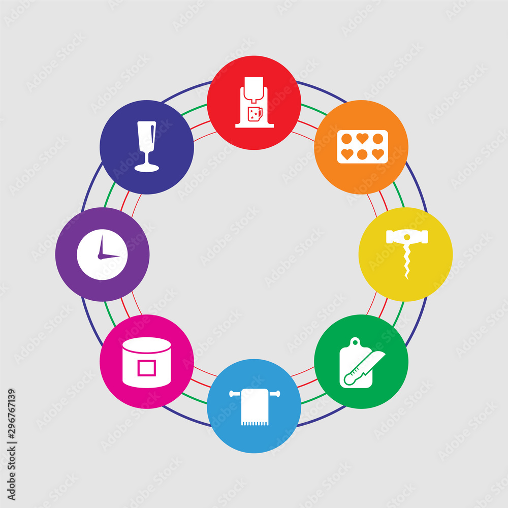 8 colorful round icons set included glass, timer, conserve, towel, kitchen board, bottle opener, molded, coffee maker 8 colorful round icons set included glass, timer, conserve, towel, kitchen board, bottle opener, molded, coffee maker