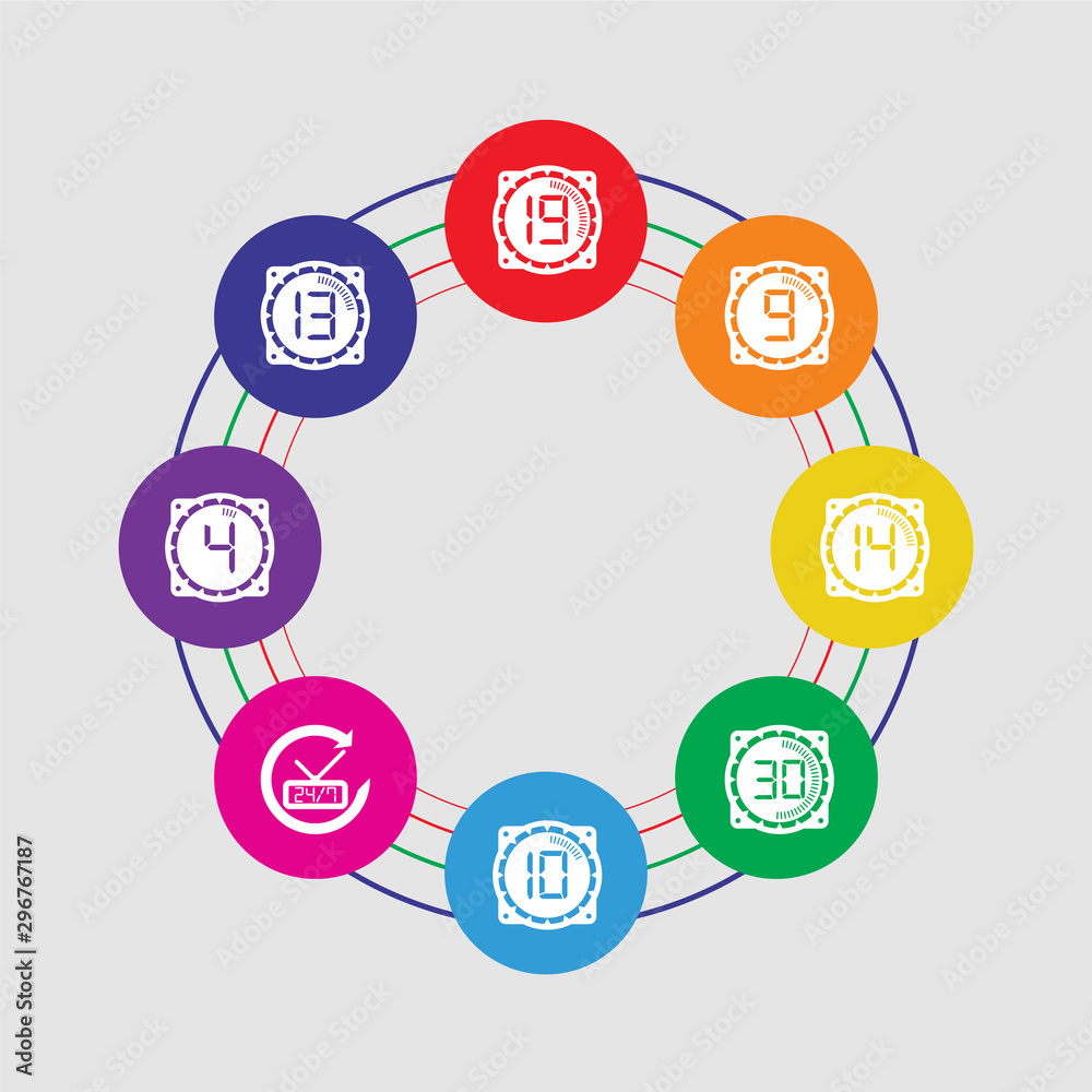 8 colorful round icons set included time, time, time, 8 colorful round icons set included time, time, time,
