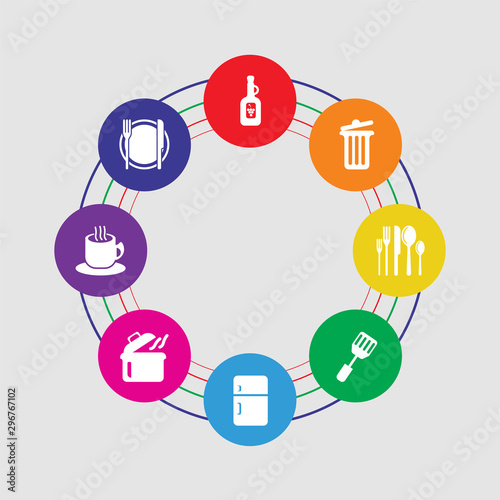 8 colorful round icons set included dinner, tea cup, pot, fridge, spatula, cutlery, garbage, wine bottle