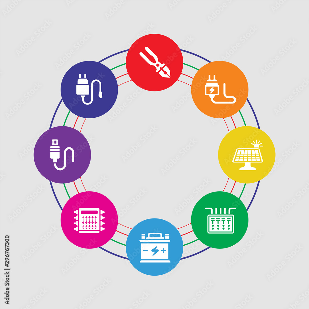 8 colorful round icons set included charger, apple, fuse box, battery, fuse box, solar panel, plug, pliers 8 colorful round icons set included charger, apple, fuse box, battery, fuse box, solar panel, plug, pliers