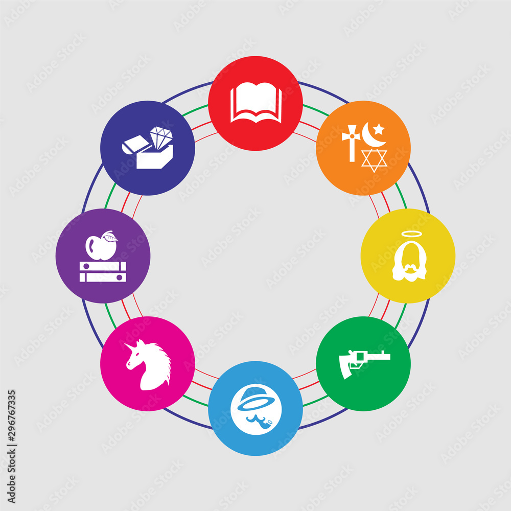 8 colorful round icons set included treasure map, book, unicorn, sherlock holmes, revolver, jesus, religion, open book 8 colorful round icons set included treasure map, book, unicorn, sherlock holmes, revolver, jesus, religion, open book