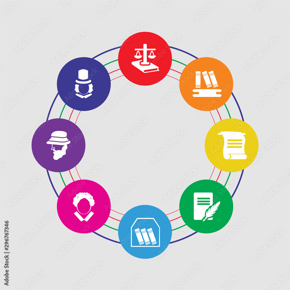 8 colorful round icons set included eugene onegin, robinson crusoe, othello, book, letter, paper, bookshelf, law 8 colorful round icons set included eugene onegin, robinson crusoe, othello, book, letter, paper, bookshelf, law