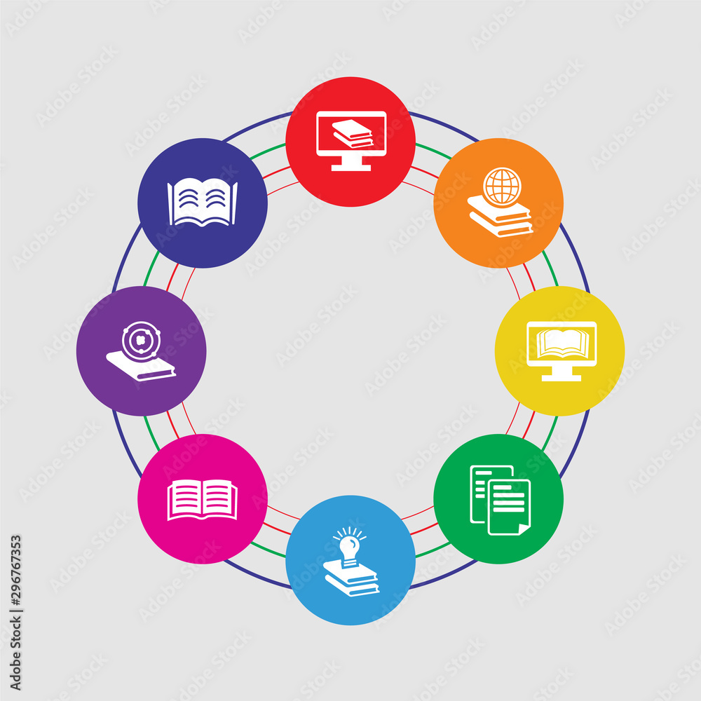 8 colorful round icons set included open book, atom, open book, idea, paper, ebook, browsing, ebook 8 colorful round icons set included open book, atom, open book, idea, paper, ebook, browsing, ebook