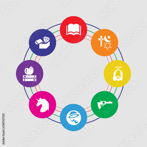 8 colorful round icons set included treasure map, book, unicorn, sherlock holmes, revolver, jesus, religion, open book