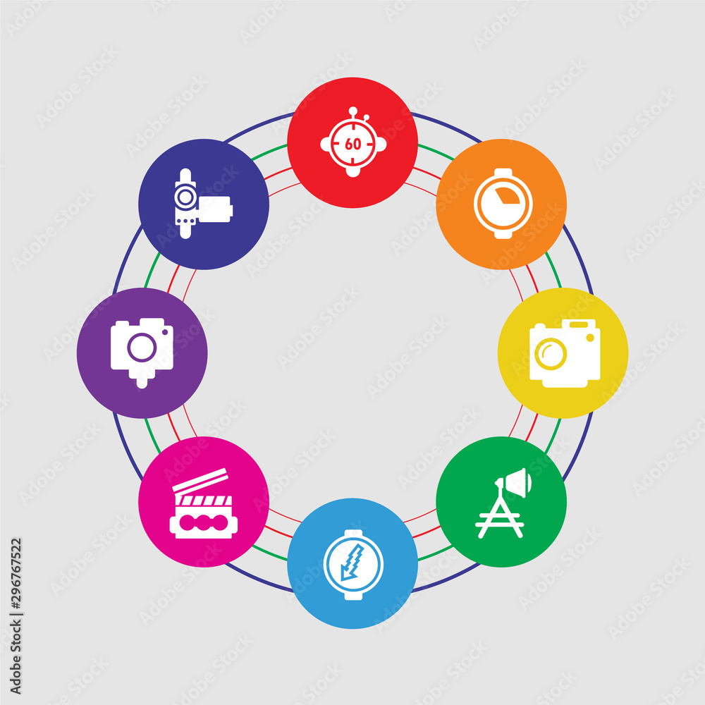 8 colorful round icons set included handy cam, photo camera, clapperboard, flash, reflector, digital camera, quarter, minute countdown 8 colorful round icons set included handy cam, photo camera, clapperboard, flash, reflector, digital camera, quarter, minute countdown