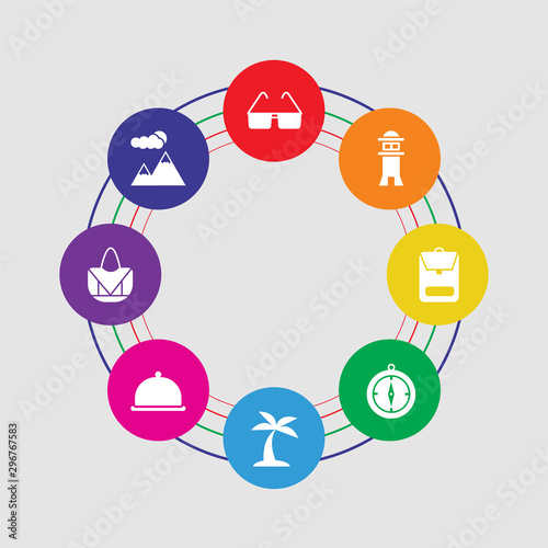 8 colorful round icons set included mountain, bag, room service, island, compass, backpack, lighthouse, sunglasses