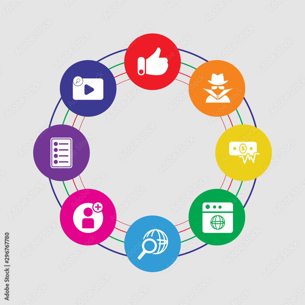 8 colorful round icons set included video player, testing, user, search, browser, money, spy, like 8 colorful round icons set included video player, testing, user, search, browser, money, spy, like