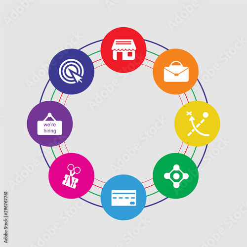 8 colorful round icons set included pay per click, hiring, coupon, cit card, network, strategy, briefcase, shop