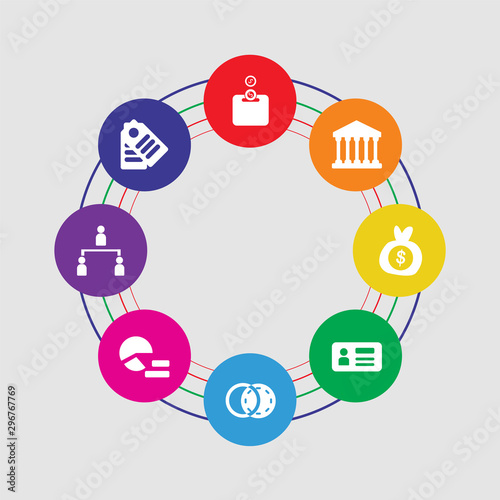 8 colorful round icons set included tag, hierarchical structure, pie chart, diagrams, id card, get money, bank, piggy bank