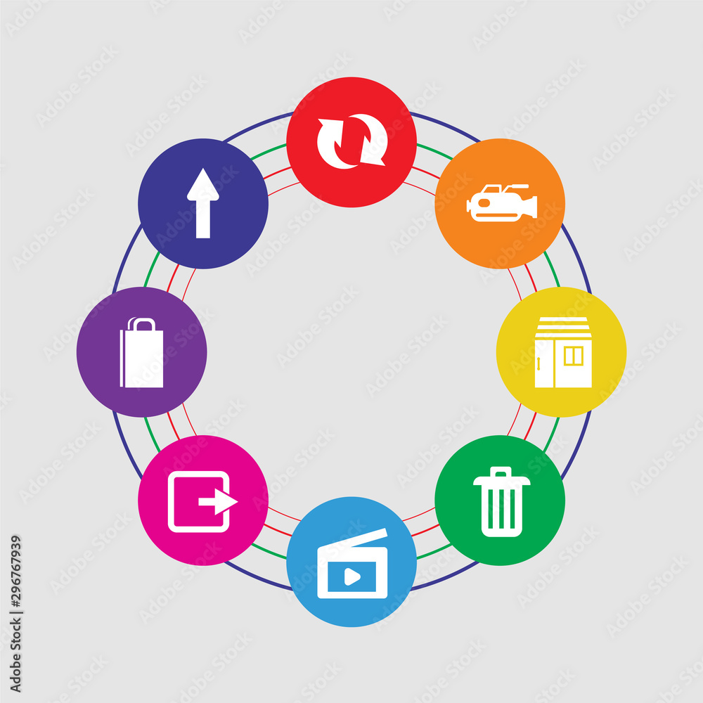 8 colorful round icons set included up arrow, bag, , video, remove, store, video camera, refresh 8 colorful round icons set included up arrow, bag, , video, remove, store, video camera, refresh