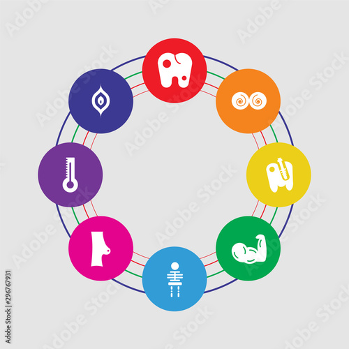 8 colorful round icons set included woman intimate body part, thermometer, breast, skeleton, arm, implants, breast implant, molar © TOPVECTORSTOCK