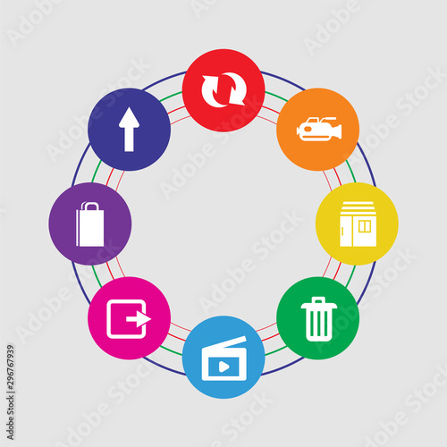 8 colorful round icons set included up arrow, bag,  , video, remove, store, video camera, refresh © TOPVECTORSTOCK