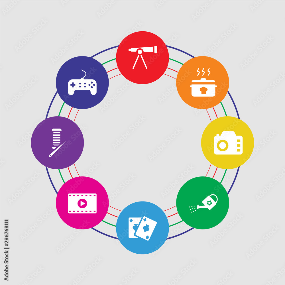 8 colorful round icons set included game controller, knitting, movie, card, gardening, camera, cooking, telescope