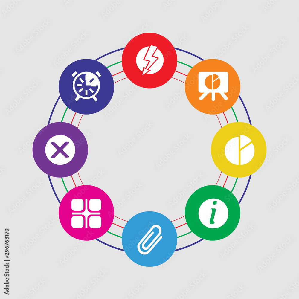 8 colorful round icons set included clock, cancel, layout, clip, info, stats, presentation, lightning 8 colorful round icons set included clock, cancel, layout, clip, info, stats, presentation, lightning