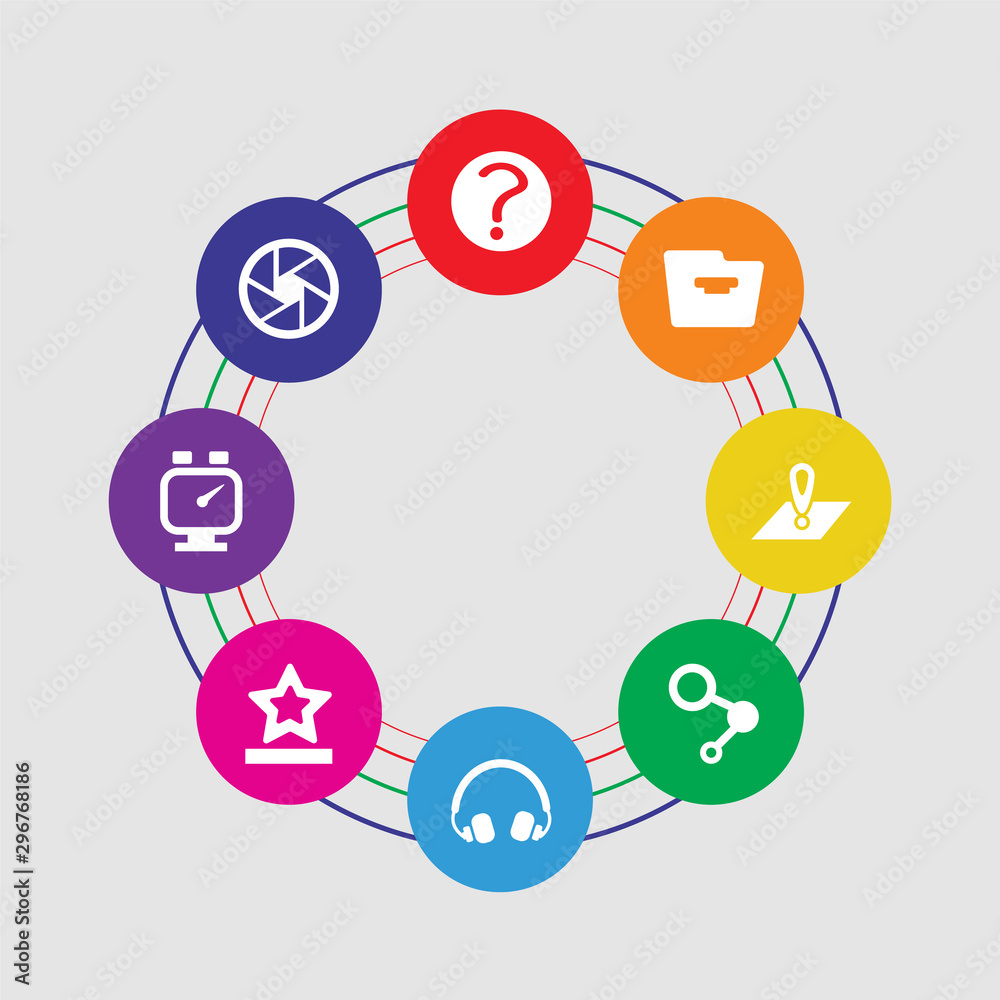 8 colorful round icons set included shutter, clock, favorite, headphones, share, map, folder, help 8 colorful round icons set included shutter, clock, favorite, headphones, share, map, folder, help