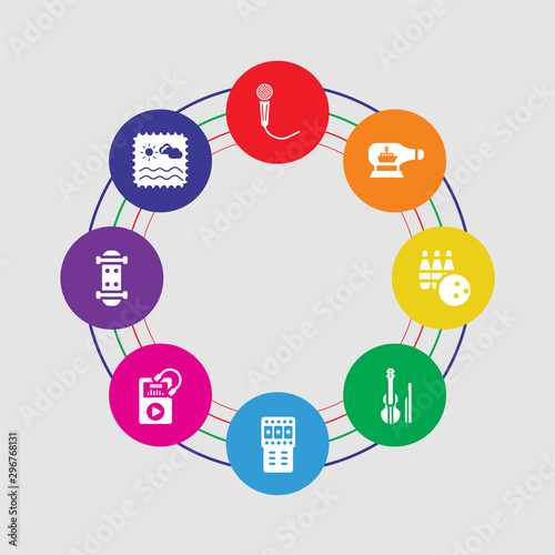 8 colorful round icons set included stamp, skate, music player, slot machine, violin, bowling, ship in a bottle, singing