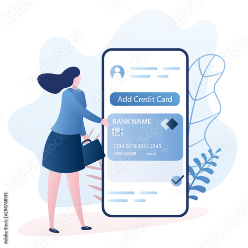 Woman adds credit card to her account. Online store application on modern smartphone