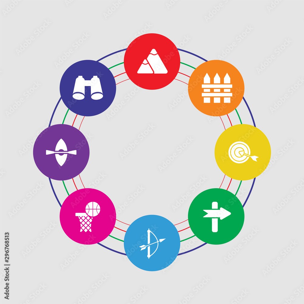 8 colorful round icons set included binoculars, kayak, basketball, archery, , dartboard, fence, mountain 8 colorful round icons set included binoculars, kayak, basketball, archery, , dartboard, fence, mountain