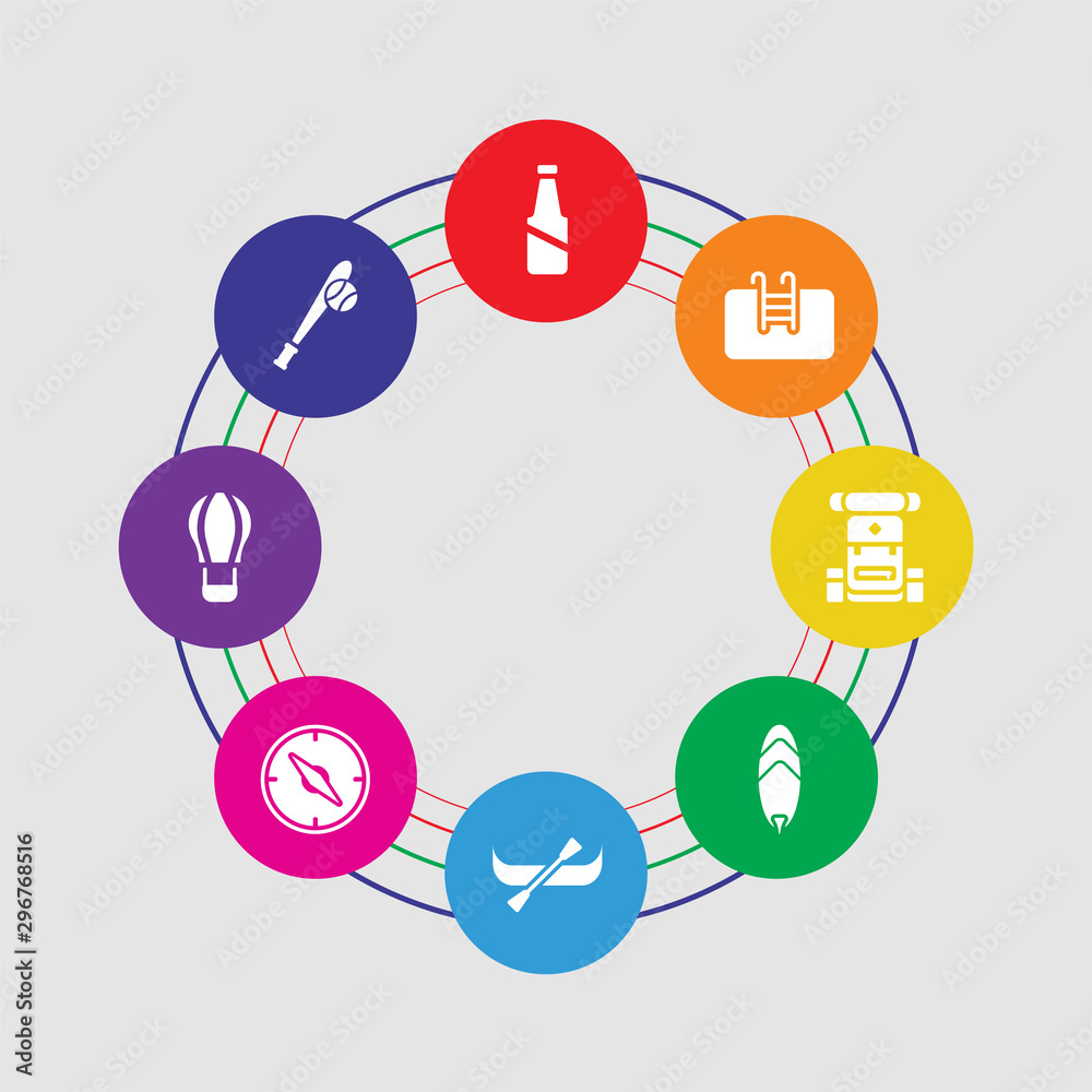 8 colorful round icons set included baseball, hot air balloon, compass, canoe, surf, backpacks, swimming pool, bottle