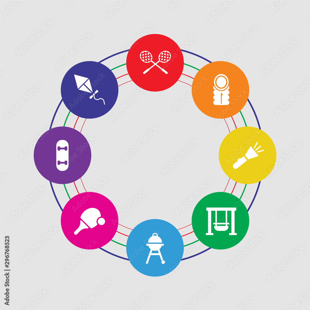 8 colorful round icons set included kite, skate, table tennis, barbacue, swings, lantern, sleeping bag, racket 8 colorful round icons set included kite, skate, table tennis, barbacue, swings, lantern, sleeping bag, racket