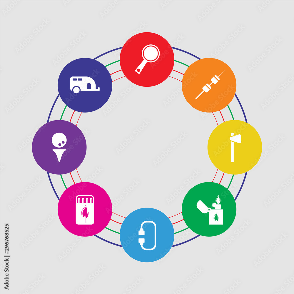 8 colorful round icons set included caravan, golf ball, matchbox, carabiner, lighter, ax, marshmallow, loupe 8 colorful round icons set included caravan, golf ball, matchbox, carabiner, lighter, ax, marshmallow, loupe