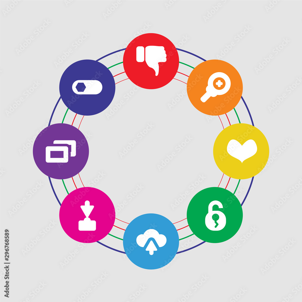 8 colorful round icons set included switch, minimize, download, cloud computing, padlock, heart, zoom out, dislike 8 colorful round icons set included switch, minimize, download, cloud computing, padlock, heart, zoom out, dislike