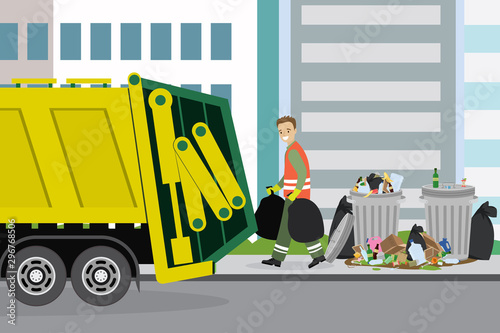 Pile of various trash on city street. Urban waste recycling. Garbage truck and garbage man collector.
