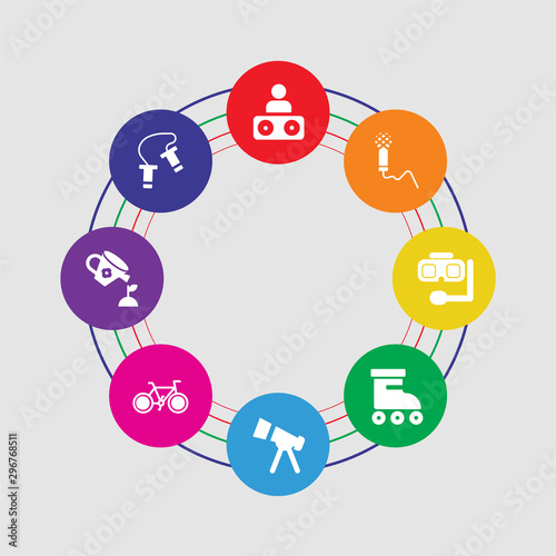 8 colorful round icons set included jumping rope, gardening, bicycle, telescope, roller, snorkel, sing, dj