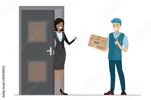 Cartoon african american woman near door and happy caucasian deliveryman with box,isolated on white background.