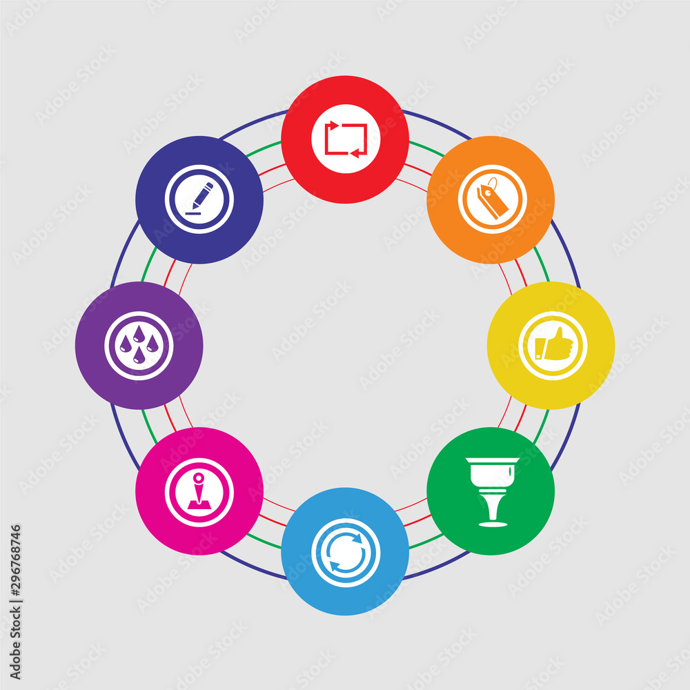 8 colorful round icons set included pen, drop, pin, reload, cup, like, tag, reload 8 colorful round icons set included pen, drop, pin, reload, cup, like, tag, reload
