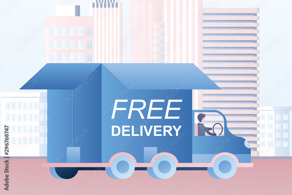 Truck with box and urban view on background. Free delivery.Cargo Transportation and Delivery Industry. Truck with box and urban view on background. Free delivery.Cargo Transportation and Delivery Industry.