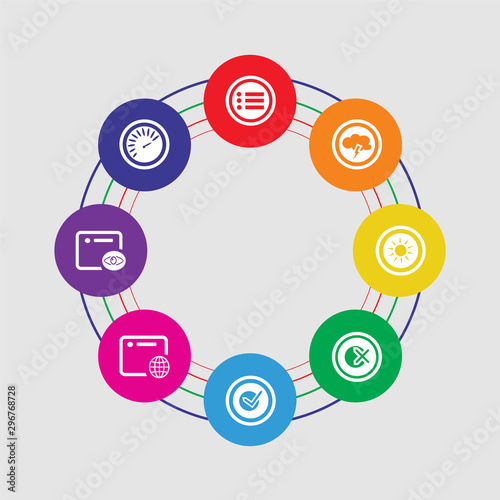 8 colorful round icons set included speedometer, browser, browser, check, wrong, sun, lightining, menu