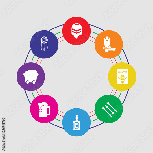 8 colorful round icons set included dreamcatcher, cart, beer, whiskey, arrow, wanted, boot, poncho