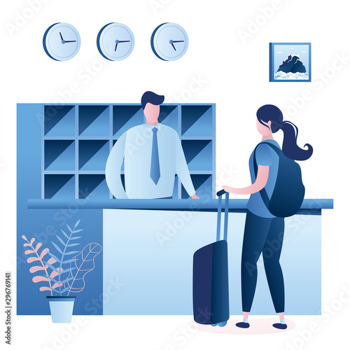 Hotel reception desk interior. Man receptionist talking with girl tourist. Female traveller with baggage and hotel worker in lobby