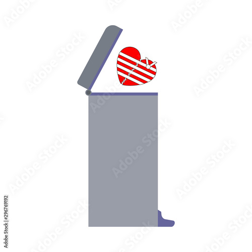 Broken heart thrown into the trash can. Vector illustration, clipart.