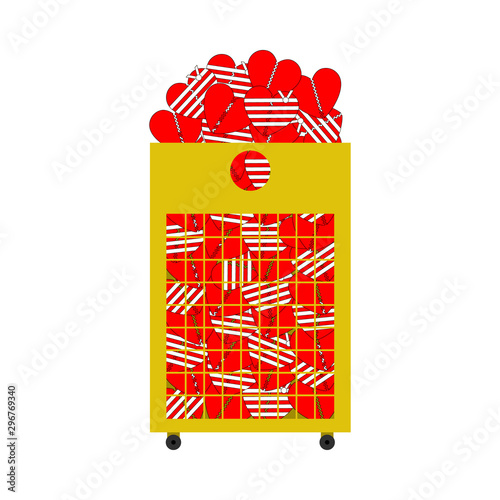Broken and bandaged hearts in a trash bin. Conceptual vector clipart and drawing. Isolated illustration on white background.  