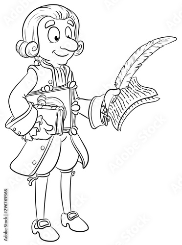 Mann in historischer Kleidung mit Papier und Feder - Vektor-Illustration