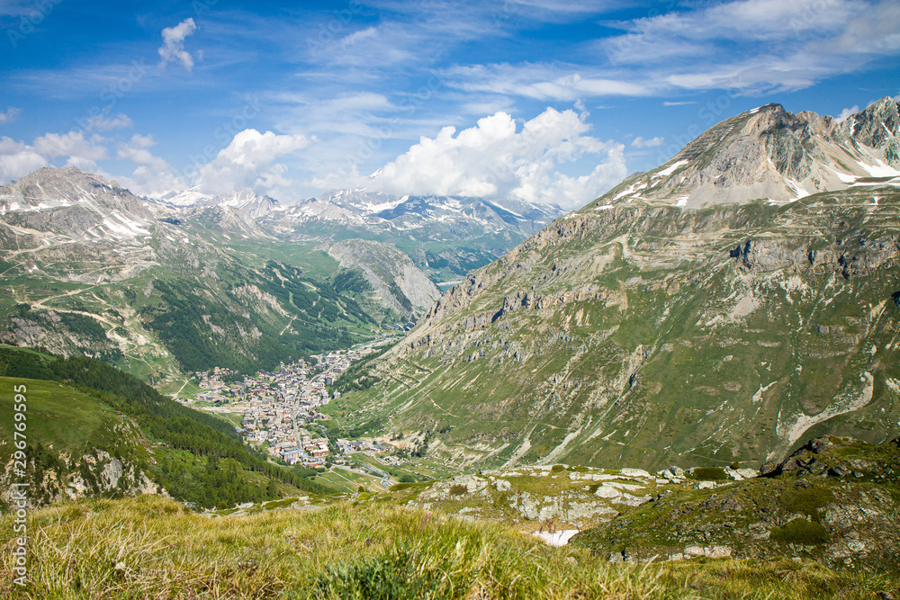 Beautiful panoramic view of Val d'Isere France - captured from Col de l'Iseran road. Amazing sunny day. Green background HD. Wallpaper 4k.