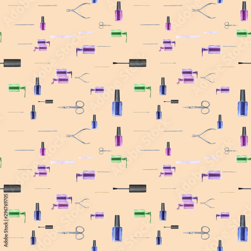 Watercolor seamless pattern with nail polish and tools. Hand drawn illustration.