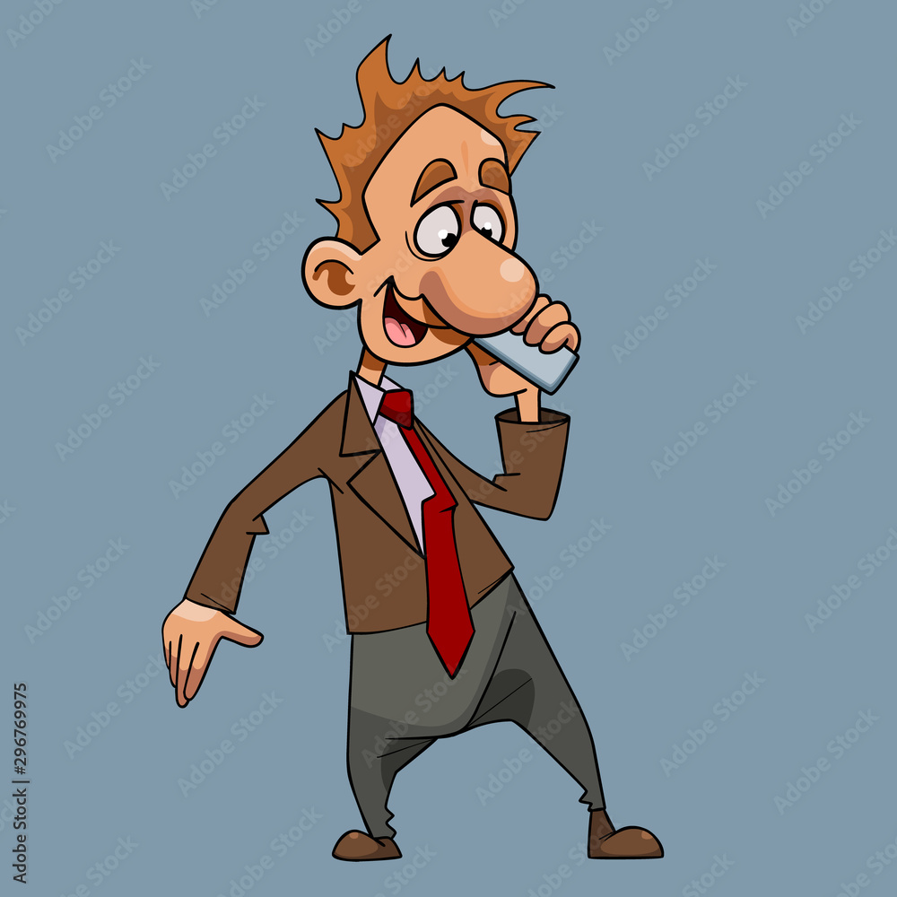 cartoon joyful man in a suit with a tie talking on the phone