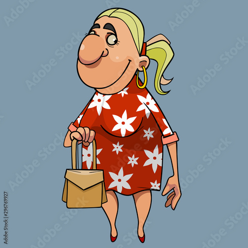 cartoon happy woman with a handbag in hand